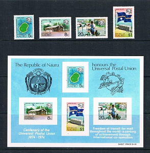 Науру, 1974, 100 л. Всемирному почтовому союзу, 4 марки + блок